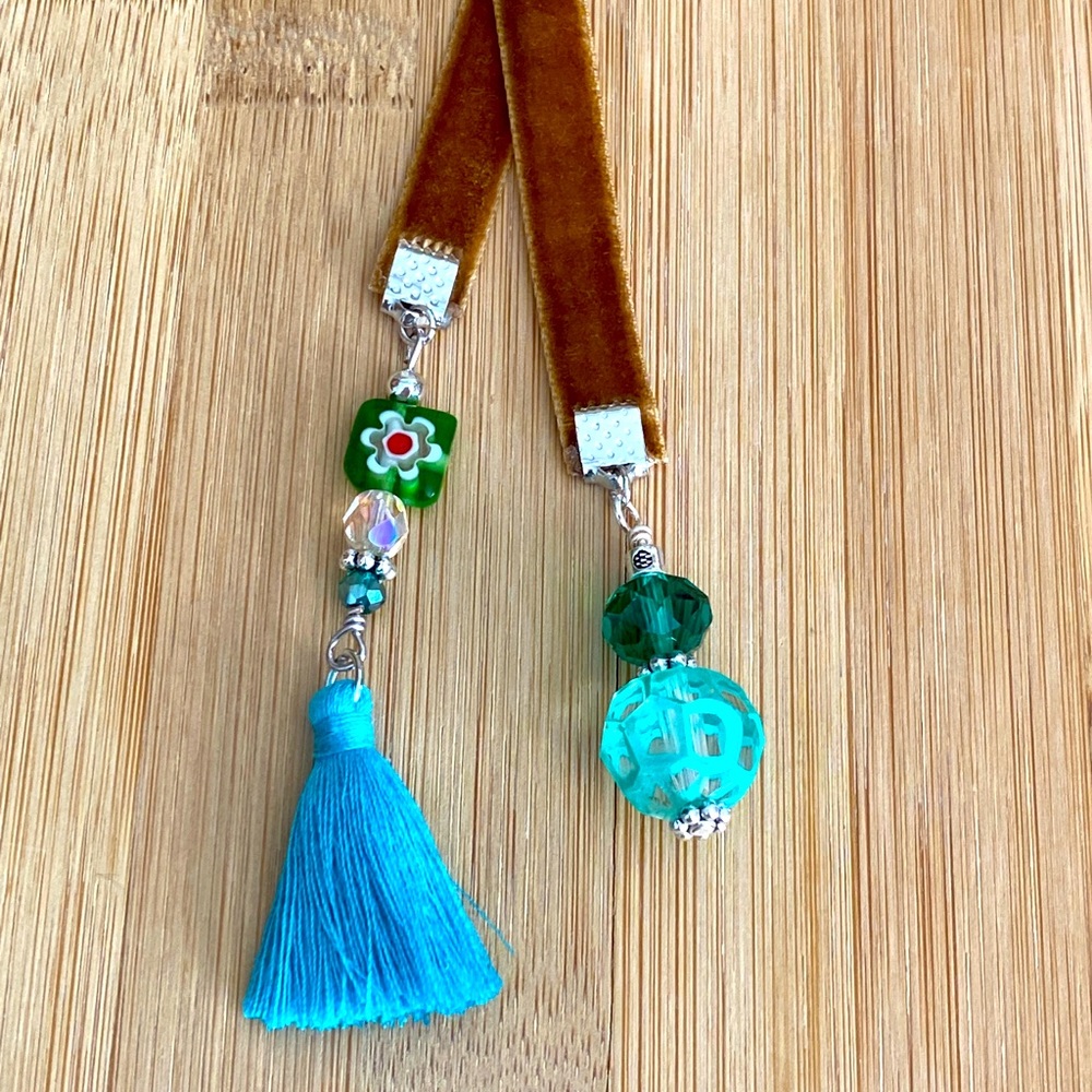 Beaded Velvet Bookmark with Blue Tassel - Book Jewelry!